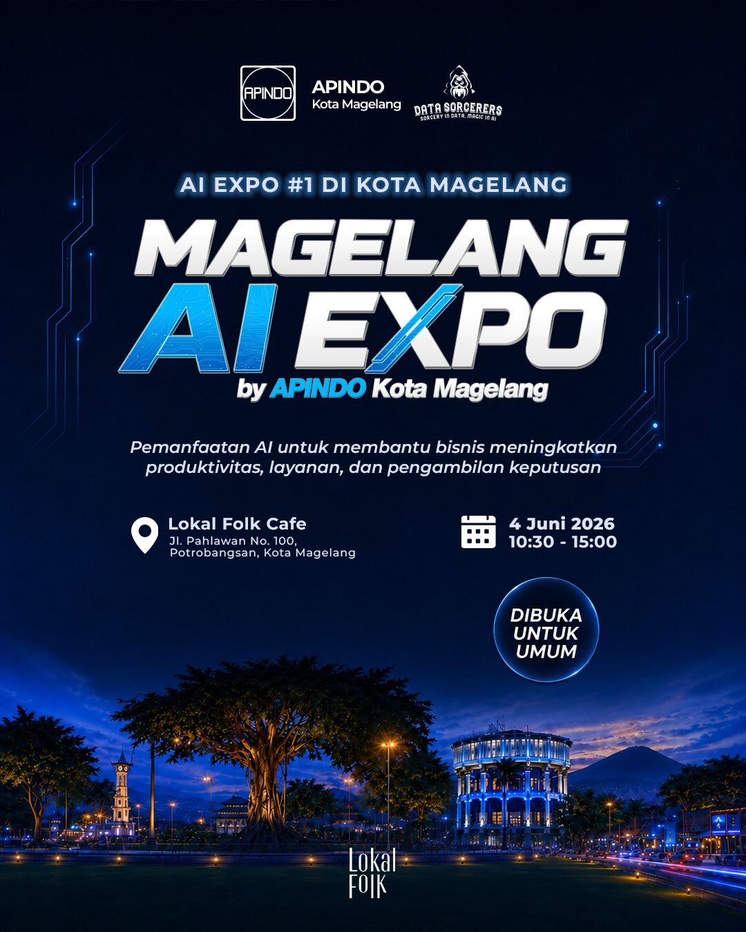 Poster Magelang AI Expo oleh APINDO Kota Magelang, 4 Juni 2026 di Lokal Folk Cafe